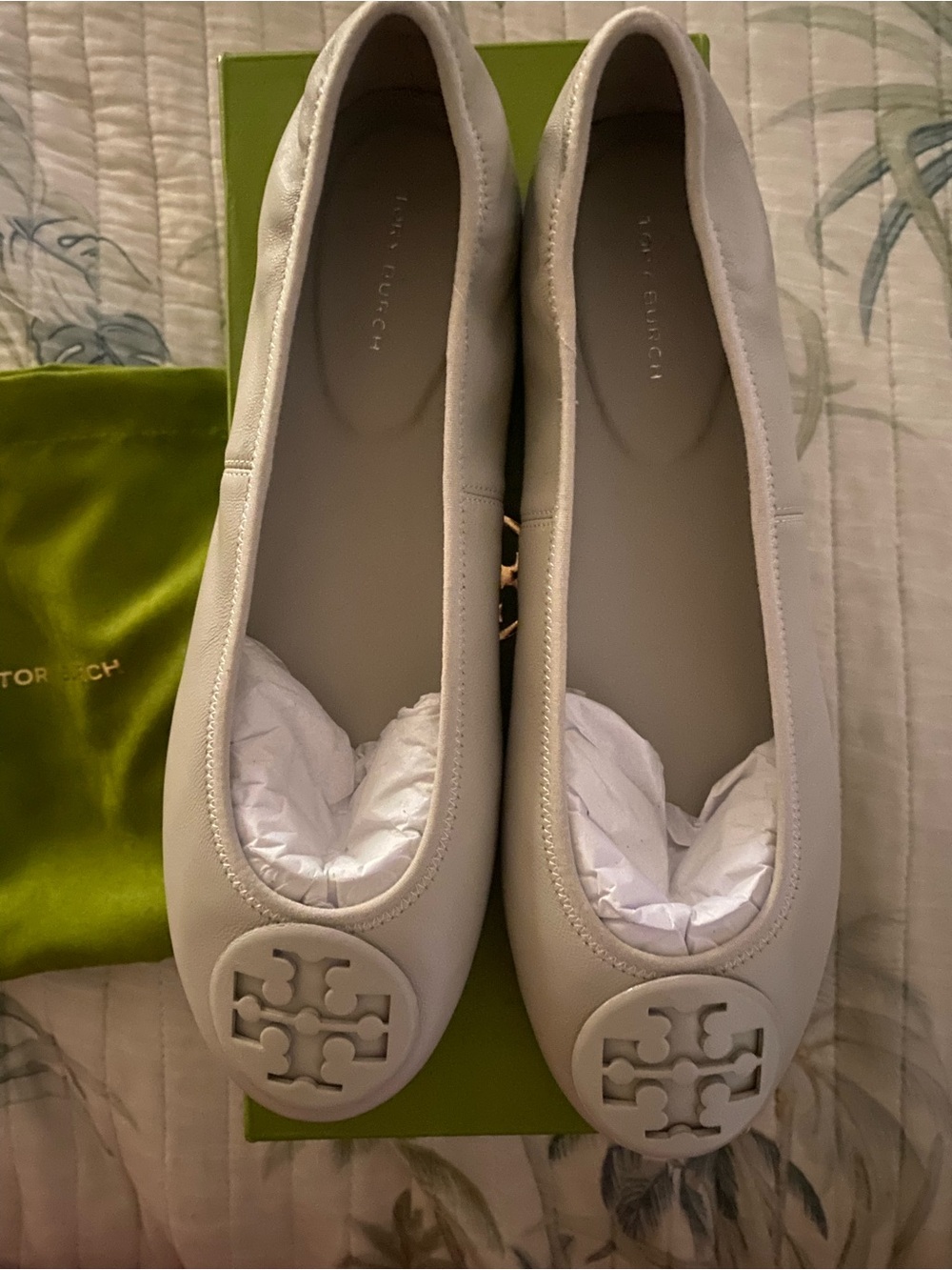 Tory Burch Ash Cloud Grey Reva Logo Ballet Flats Women’s Sz 9